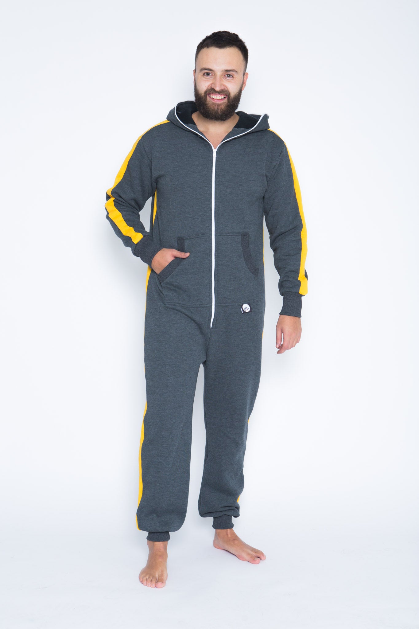 Sofa Killer dark grey onesie with yellow vertical lines – Sofa Killer ...