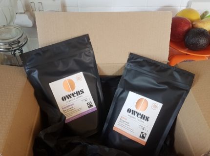 Coffee by post - 2 bags of Owens coffee in a cardboard box