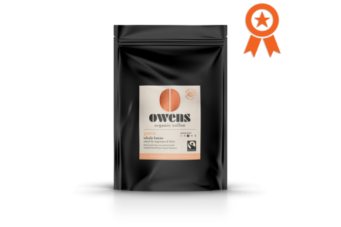 Owens Coffee Gara Blend with Award symbol for Best Organic Coffee UK
