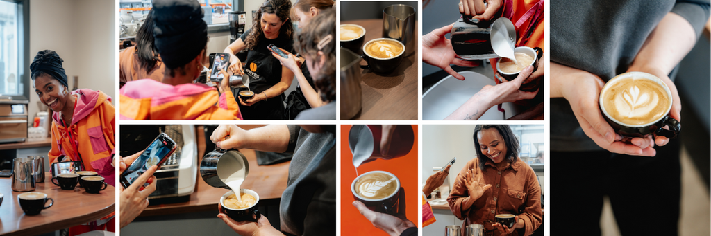 Pictures of people enjoying latte art essentials workshop and their work