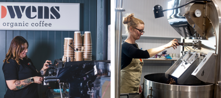 Barista serving coffee at Owens Coffee plus Devon coffee roaster roasting coffee beans