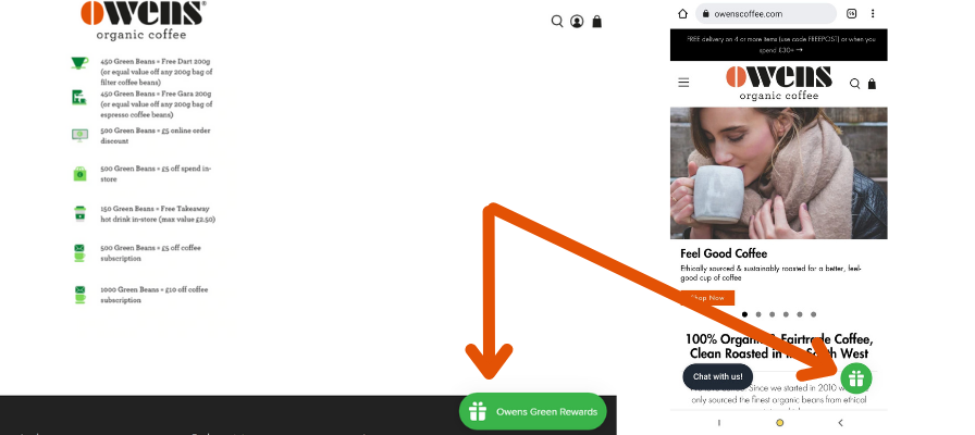 Screenshots from Owens Coffee Green Rewards