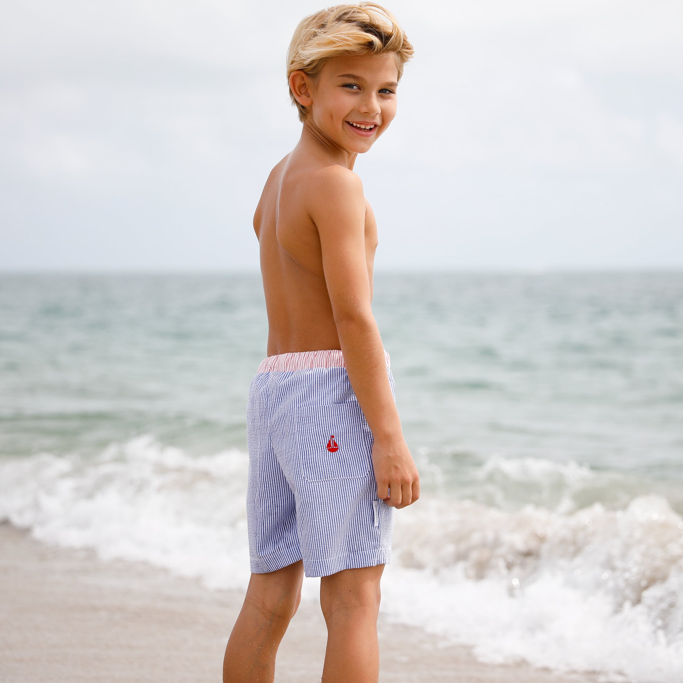 Regatta Swim Trunks-Nautical Navy and Royal Red Seersucker - Nantucket Kids