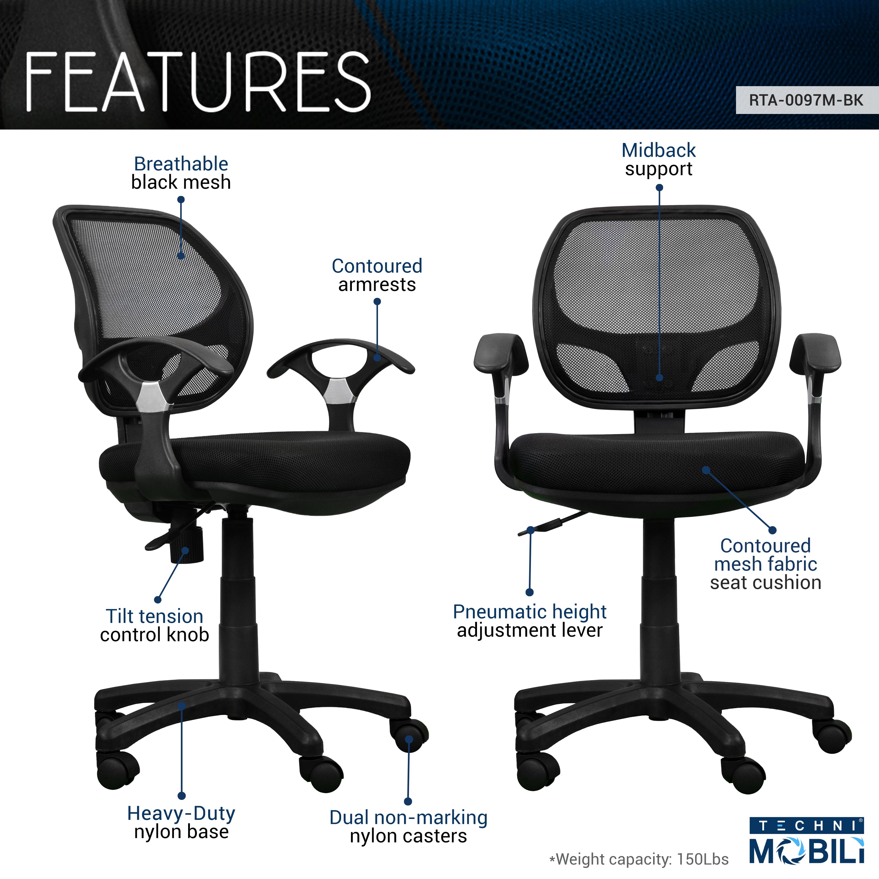 Techni Mobili Mid Back Mesh Task Office Chair