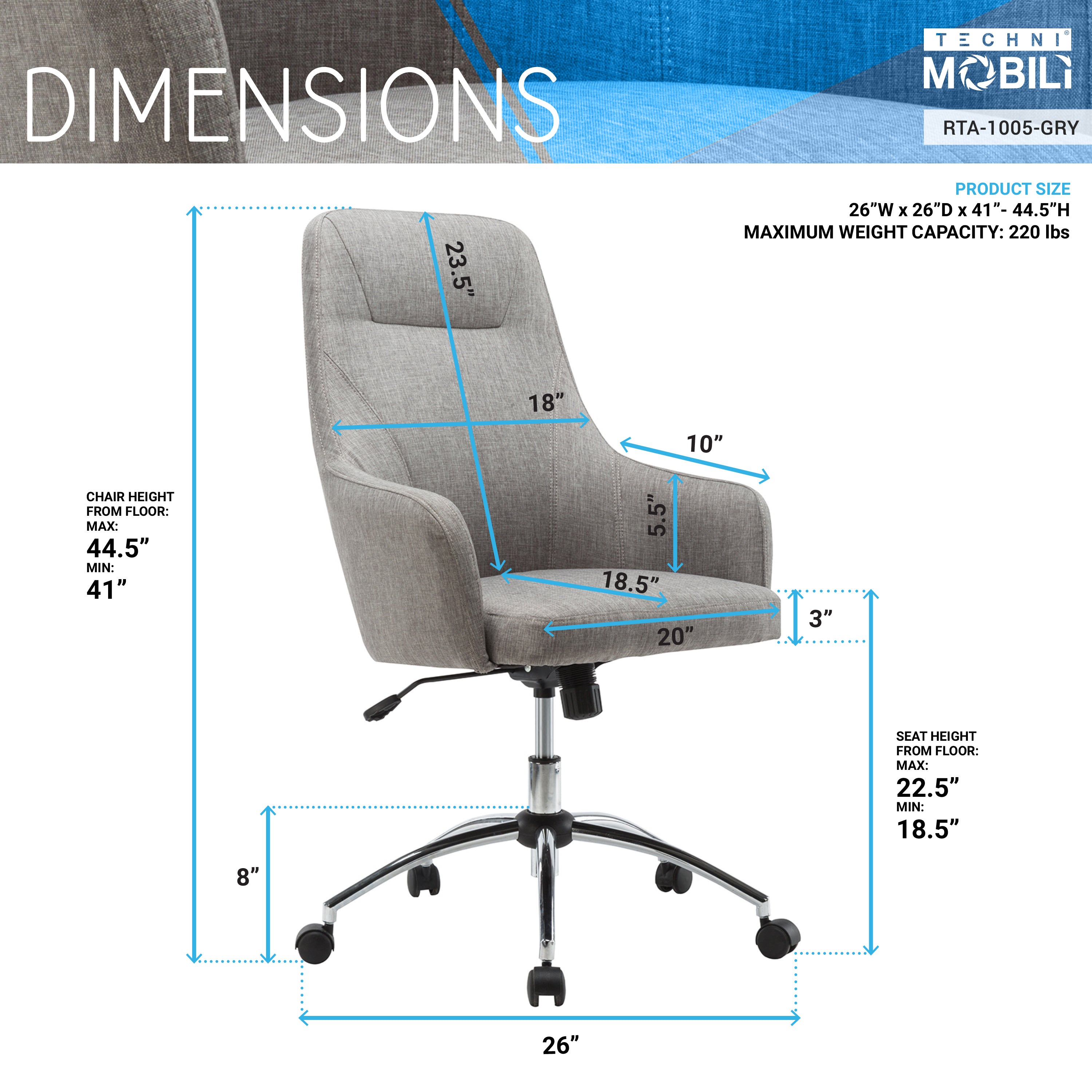 Techni Mobili Comfy Height Adjustable Rolling Office Chair With