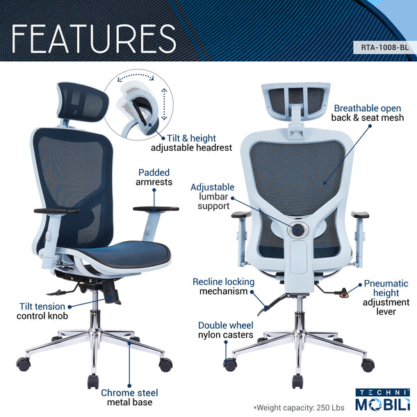 Techni Mobili High Back Executive Mesh Office Chair With Arms
