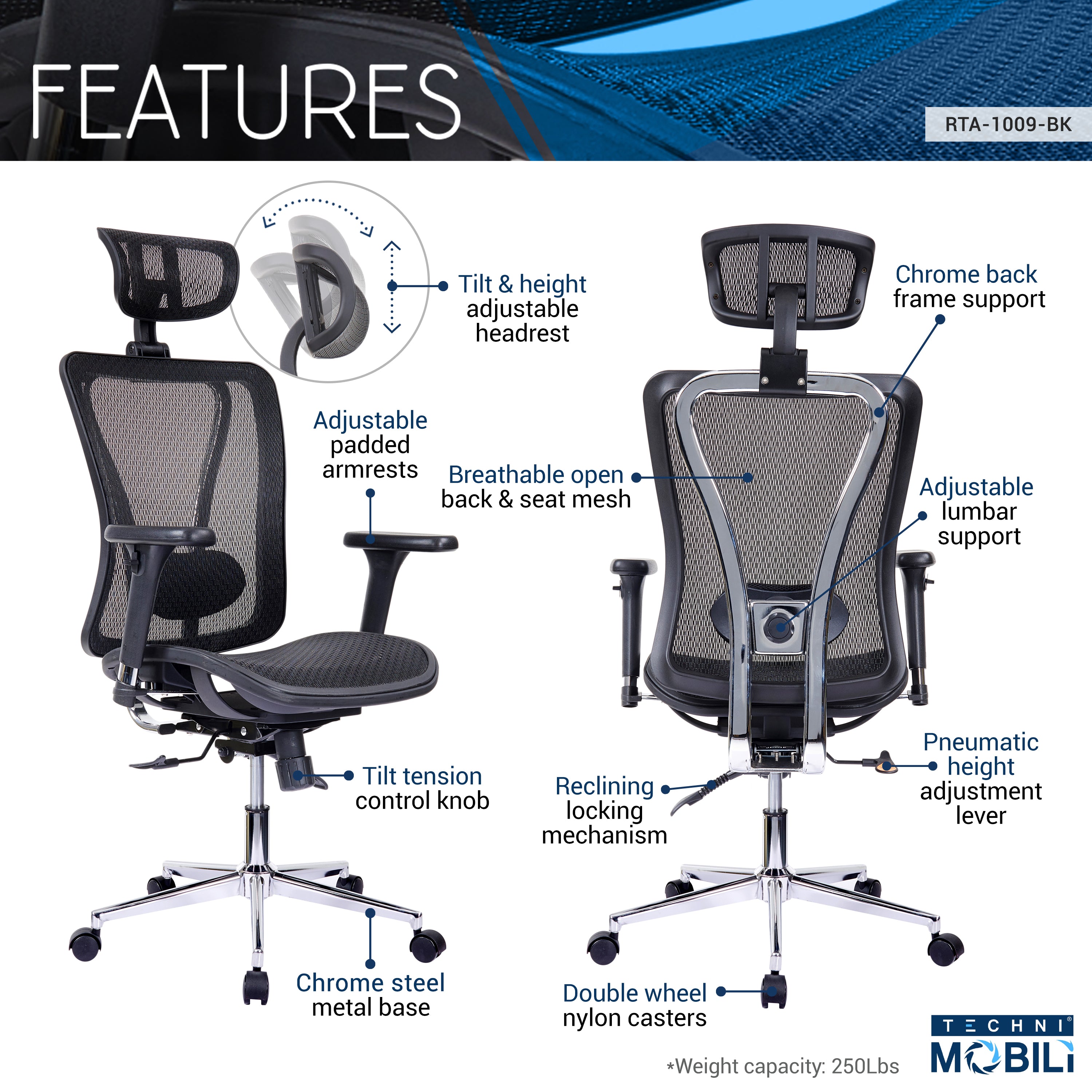 Techni Mobili Executive Mesh Office Chair With Headrest And