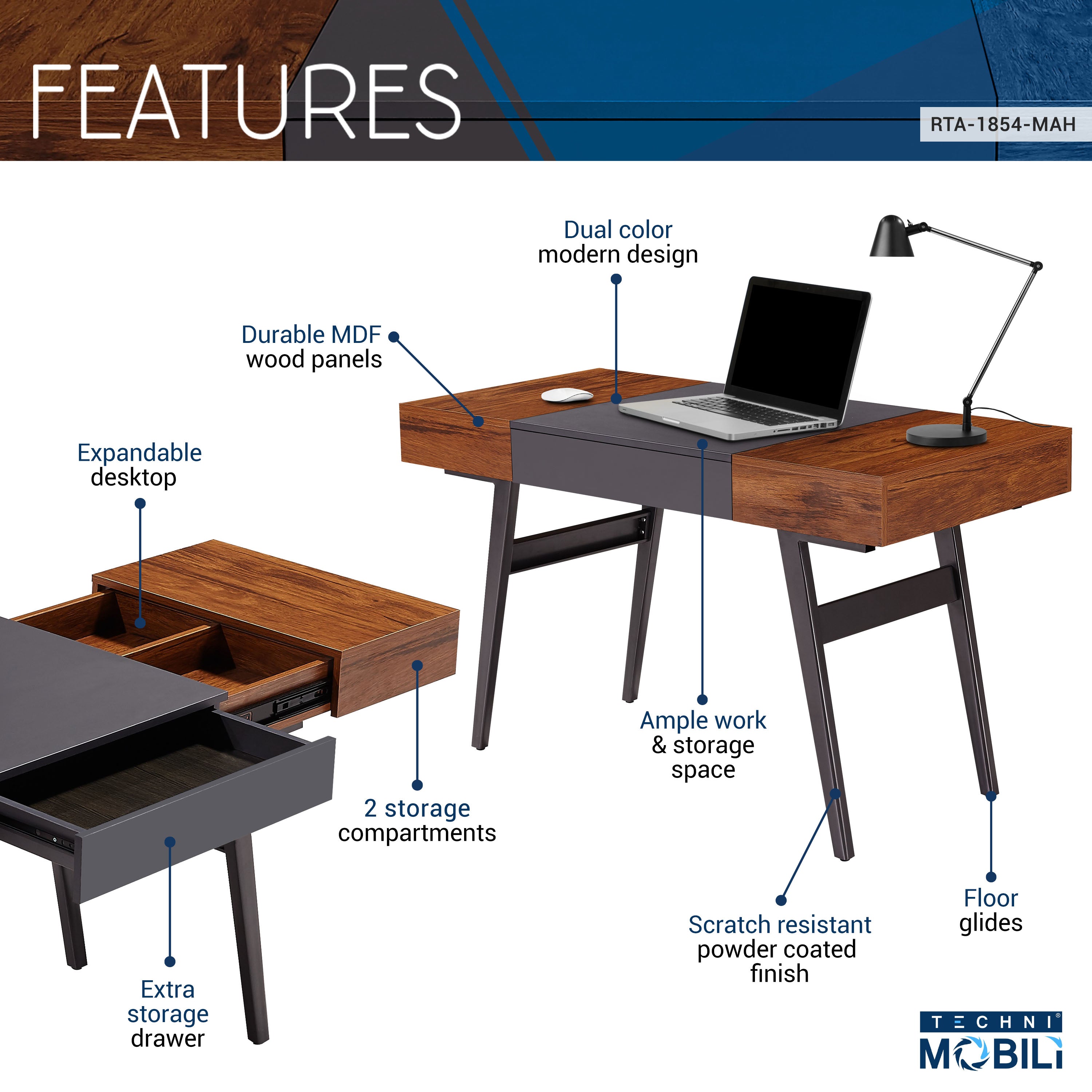 Techni Mobili Expandable Modern Desk With Storage