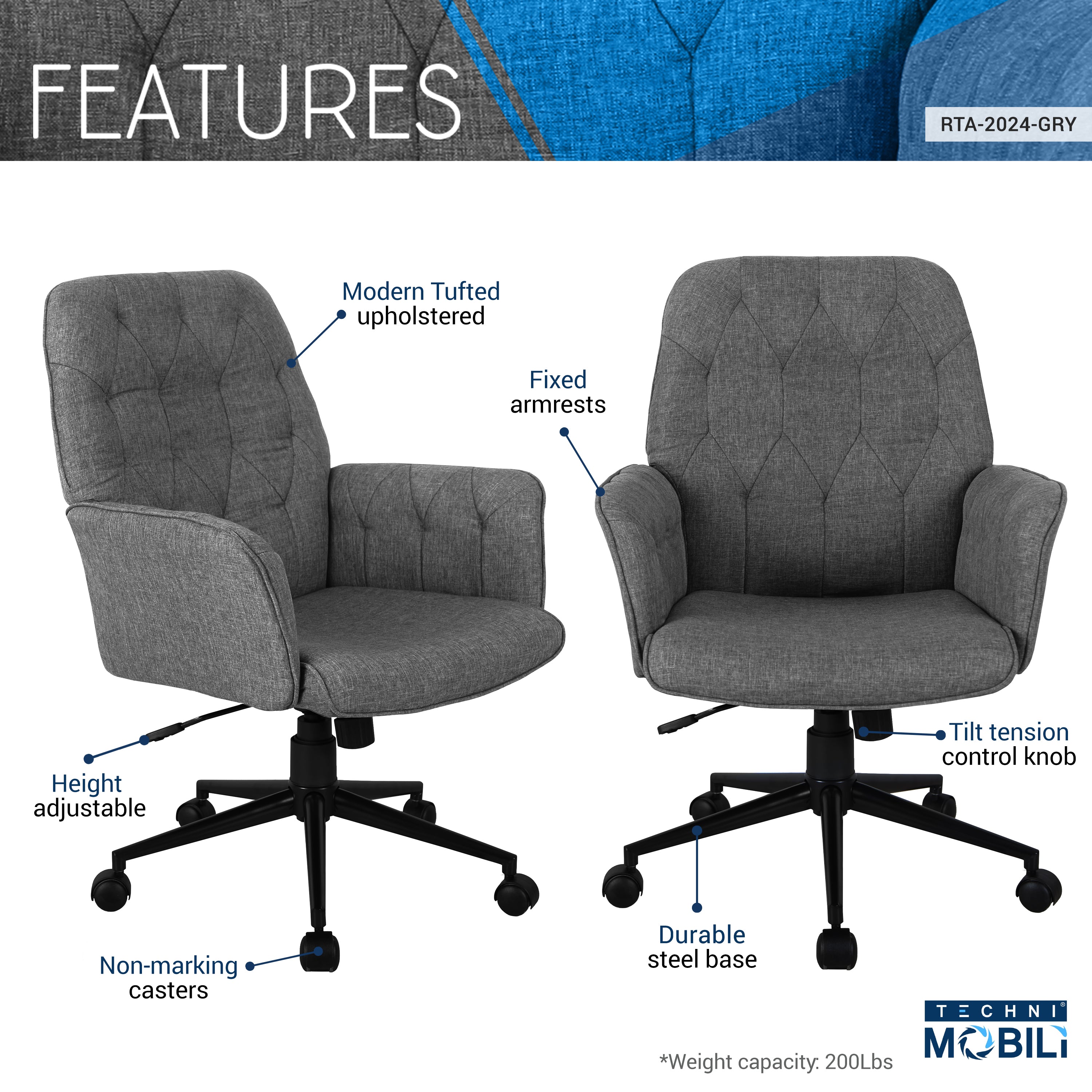 techni mobili modern upholstered tufted office chair with arms