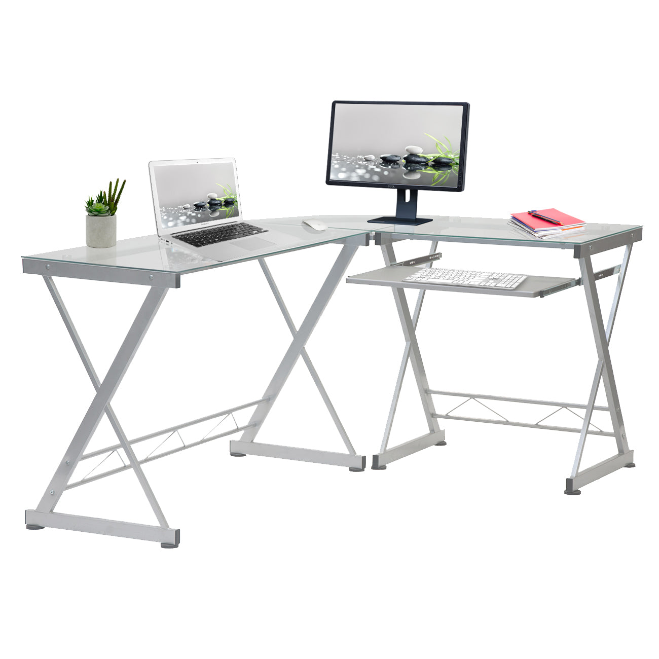 Techni Mobili L Shaped Tempered Glass Top Computer Desk With