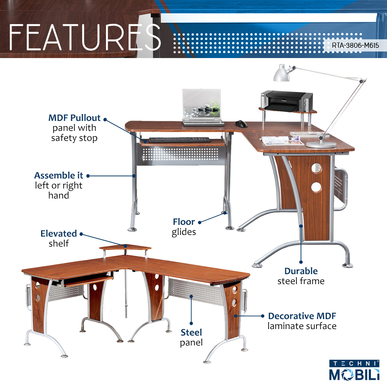 Deluxe L-Shaped Top Computer Desk With Pull Out Keyboard Panel