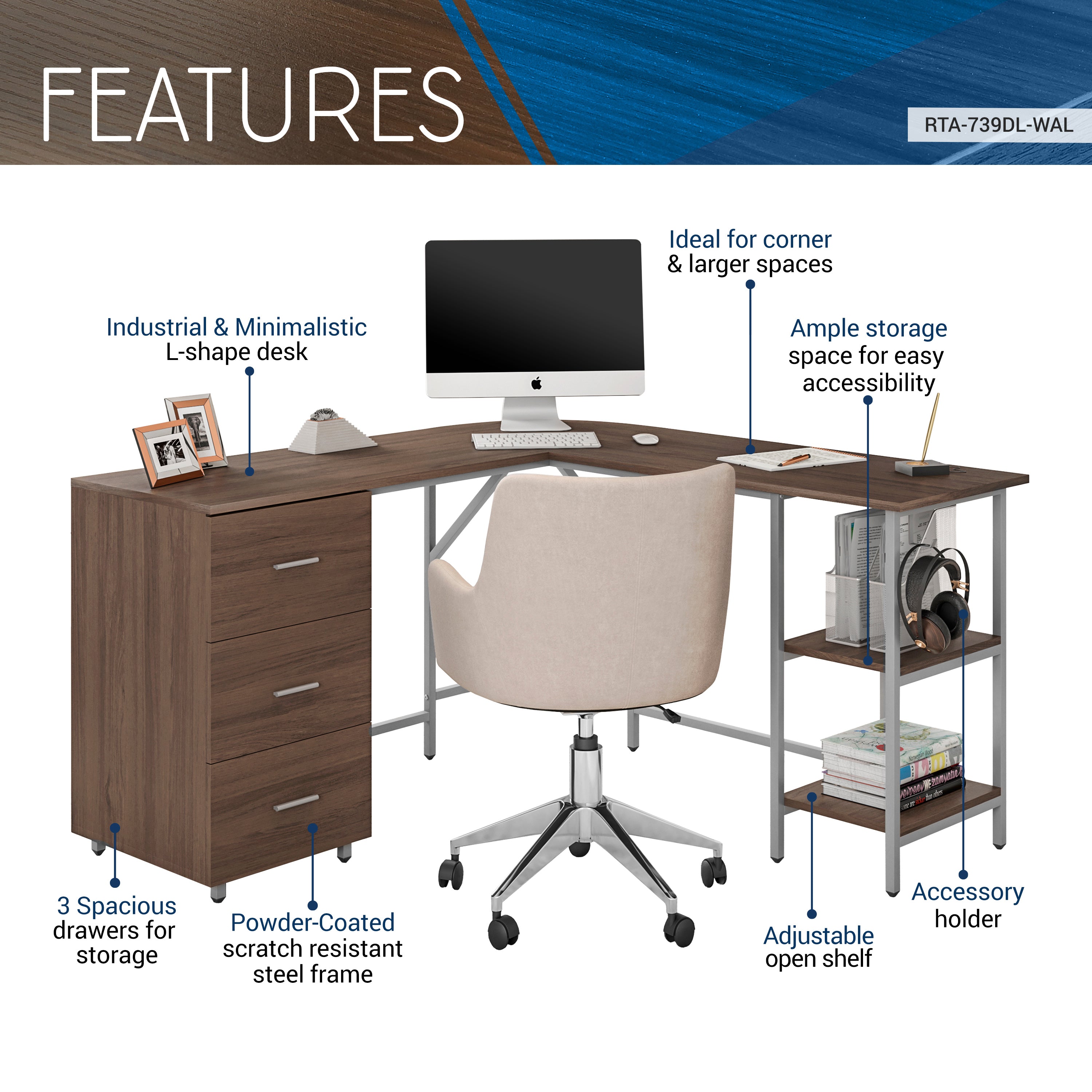 Techni Mobili | L-Shape Home Office Two-Tone Desk with Storage