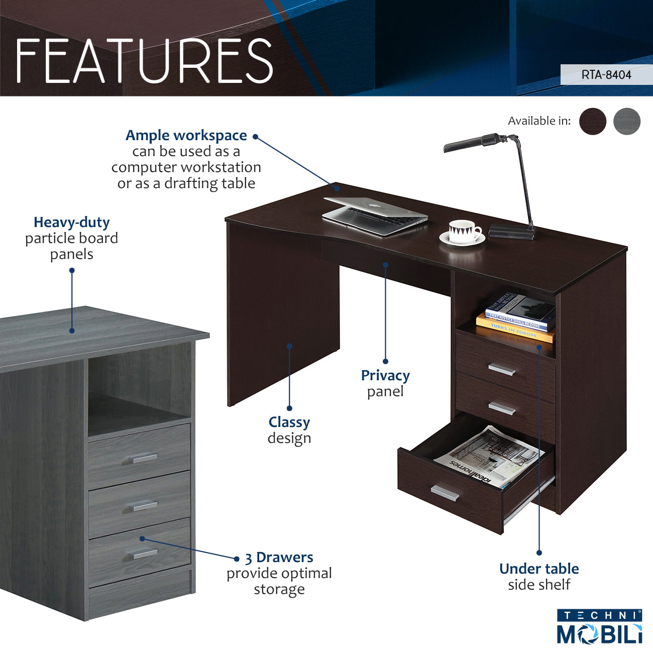 Techni Mobili Classic Computer Desk With Multiple Drawers