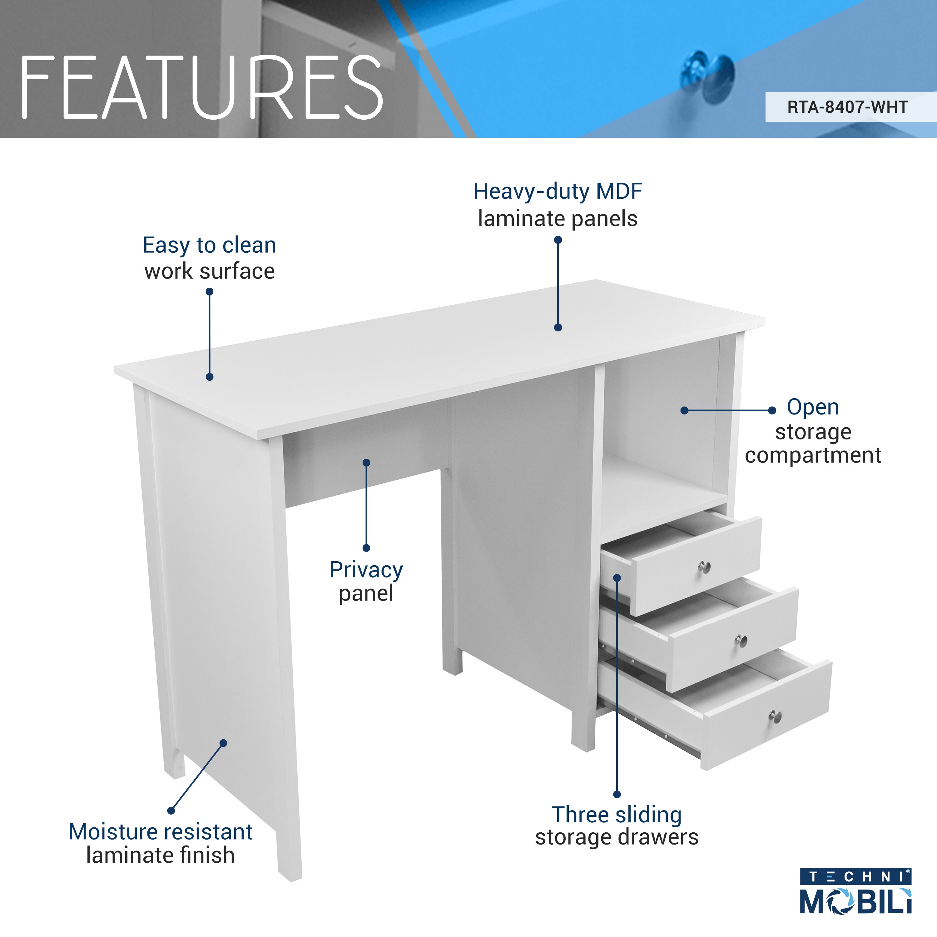 Techni Mobili Contempo Desk with 3 Storage Drawers White