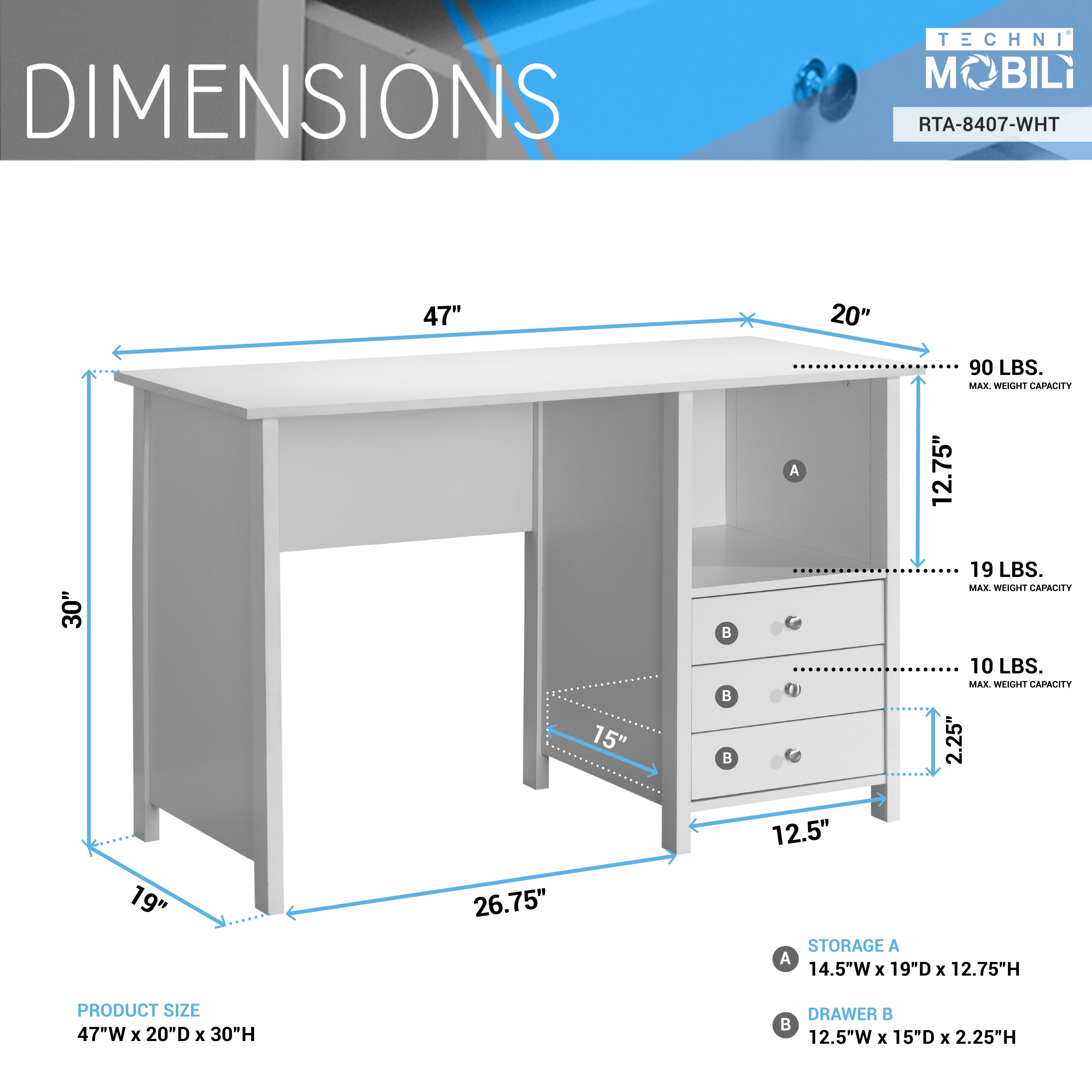 Techni Mobili Contempo Desk with 3 Storage Drawers White