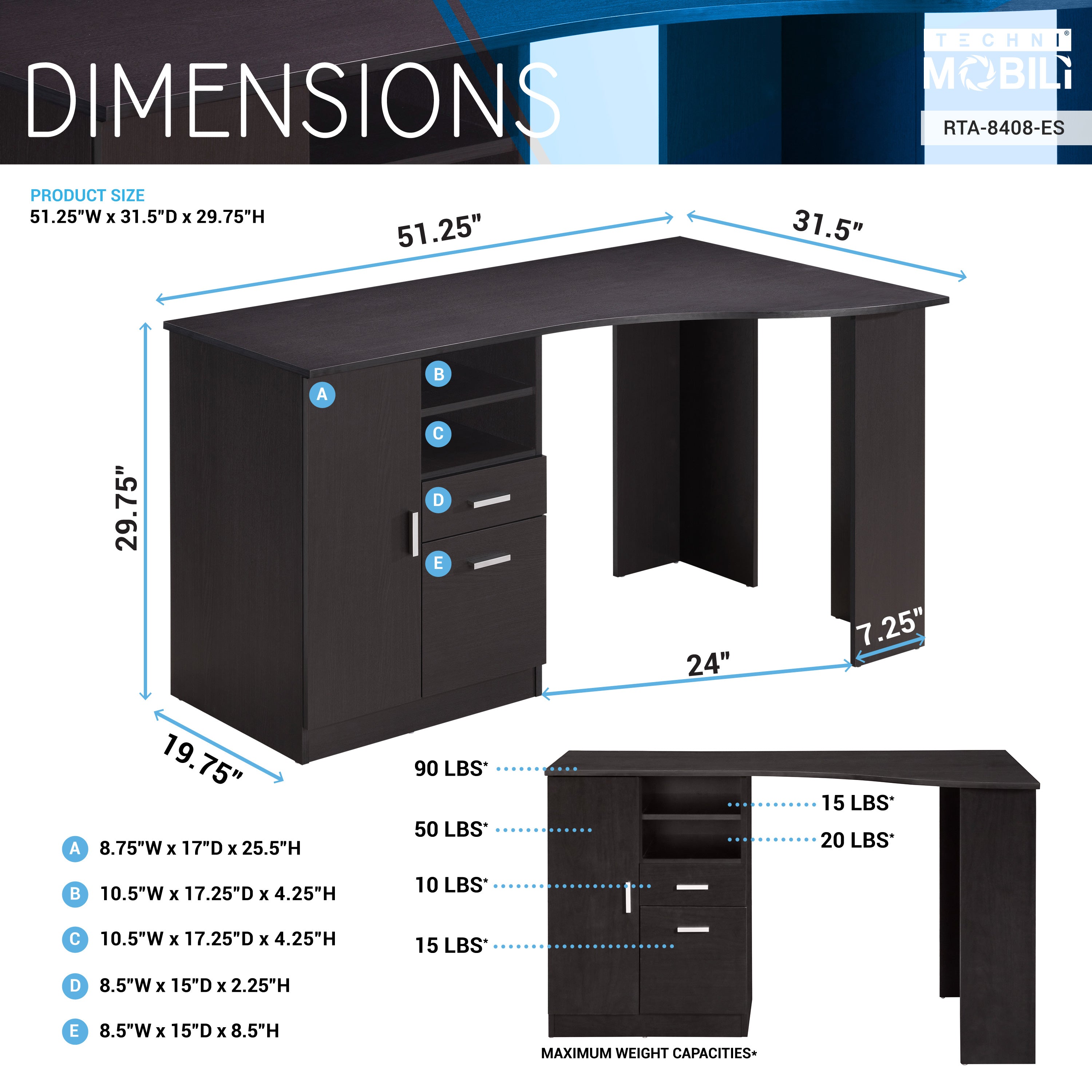 Techni Mobili - Classic Office Desk with Storage - Espresso - Promotech