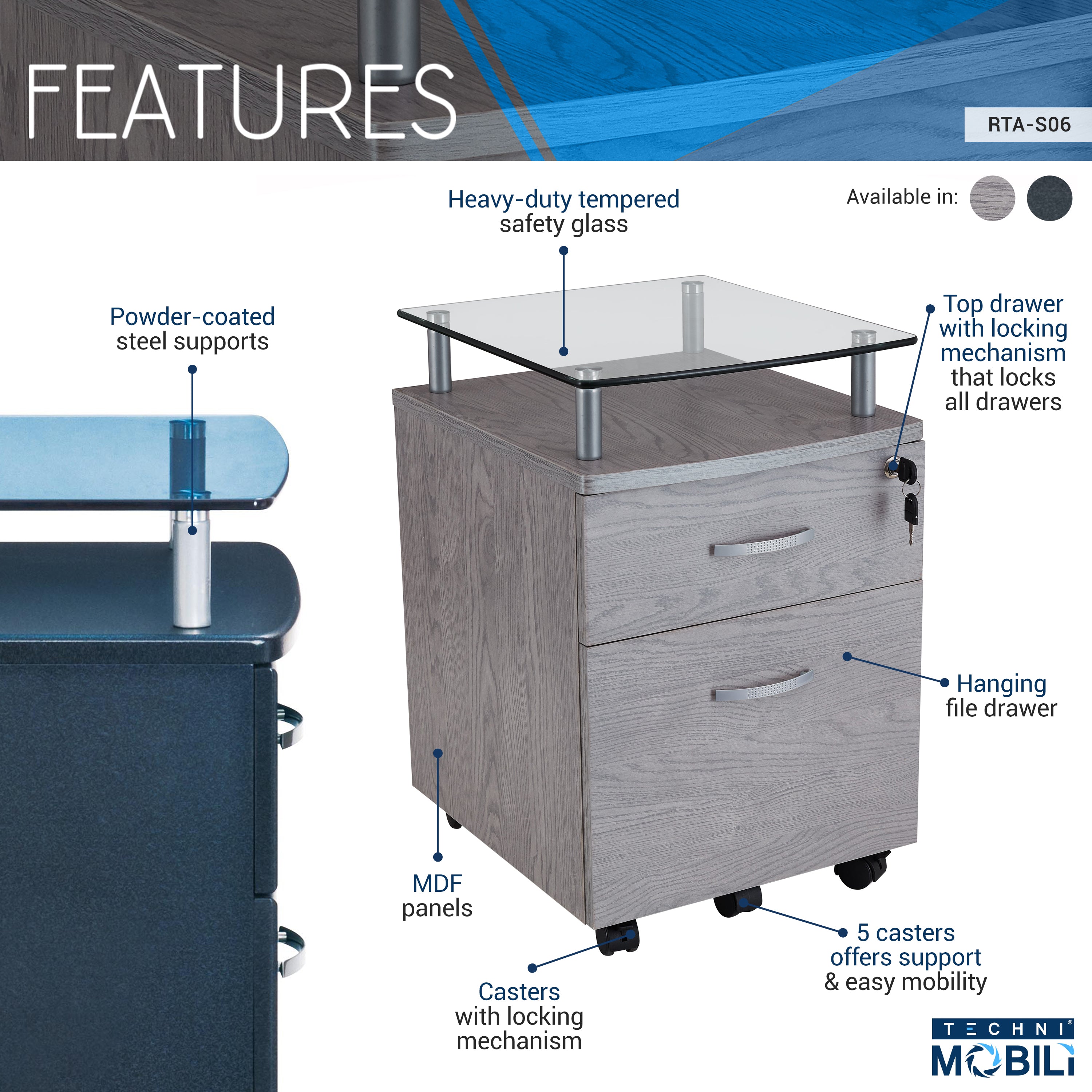 Rolling File Cabinet With Glass Top Techni Mobili