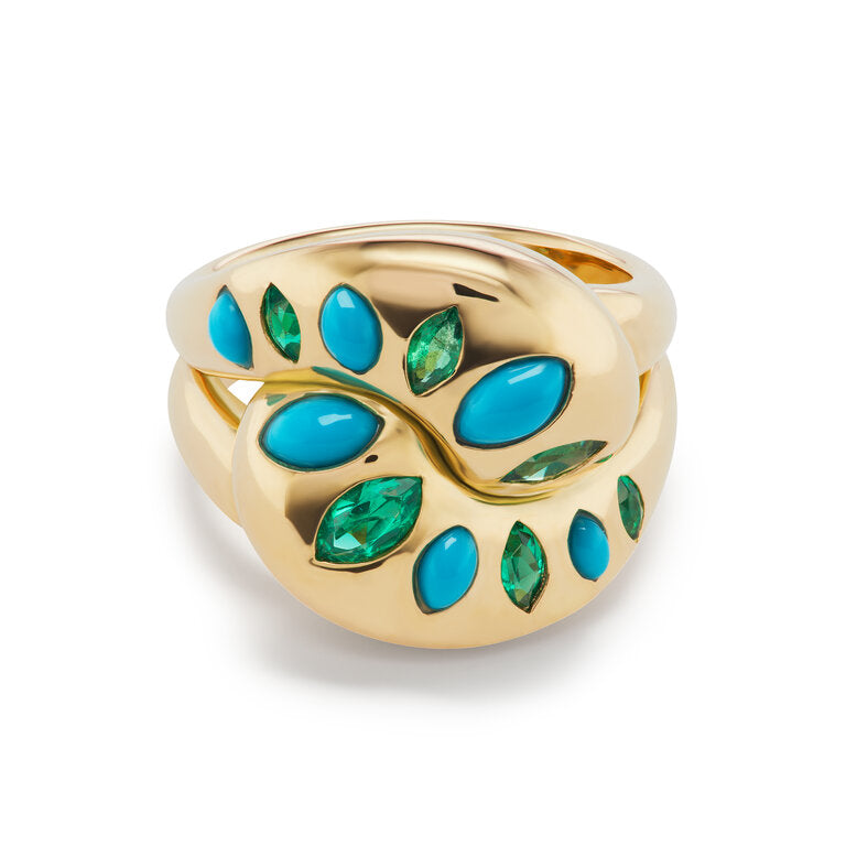 Knot Ring with Emerald and Turquoise Marquises