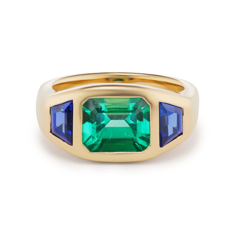 One-of-a-Kind Emerald Gypsy with Blue Sapphire Trapezoid Sides