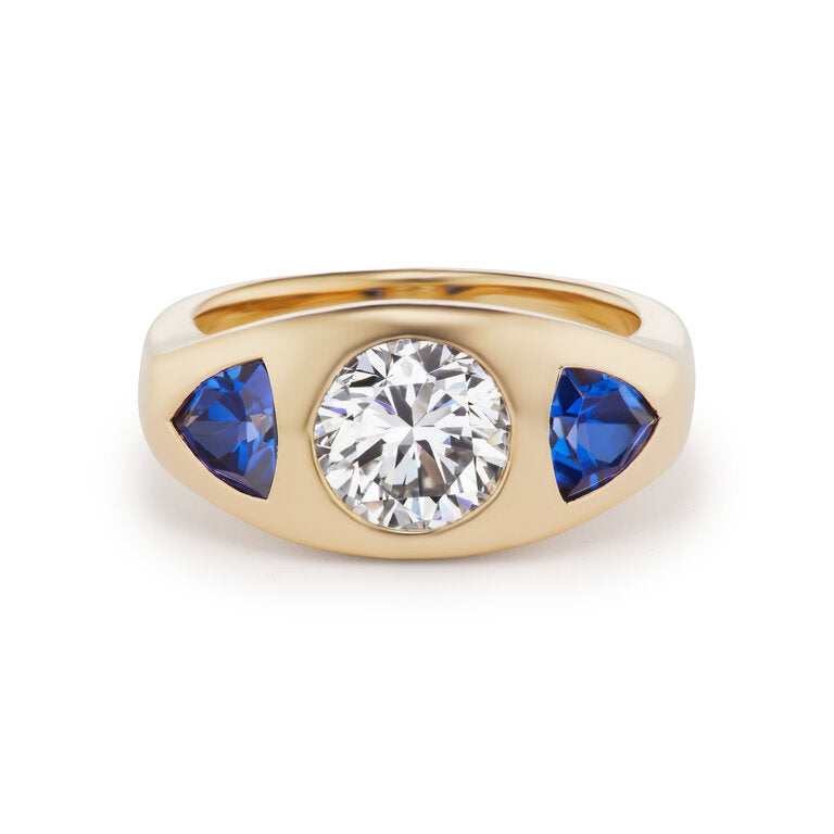 One-of-a-Kind Round Diamond Gypsy with Blue Sapphire Triangle Sides