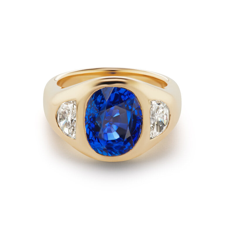 One-of-a-Kind North-South Oval Sapphire Gypsy with Half-Moon Diamond Sides