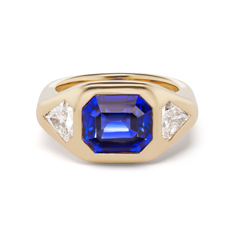 One-of-a-Kind Emerald-Cut Sapphire Gypsy with Diamond Shield Sides