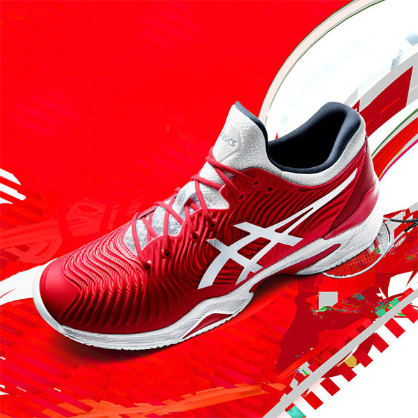 Image of a red and white ASICS tennis shoe on a red and white graphic background.