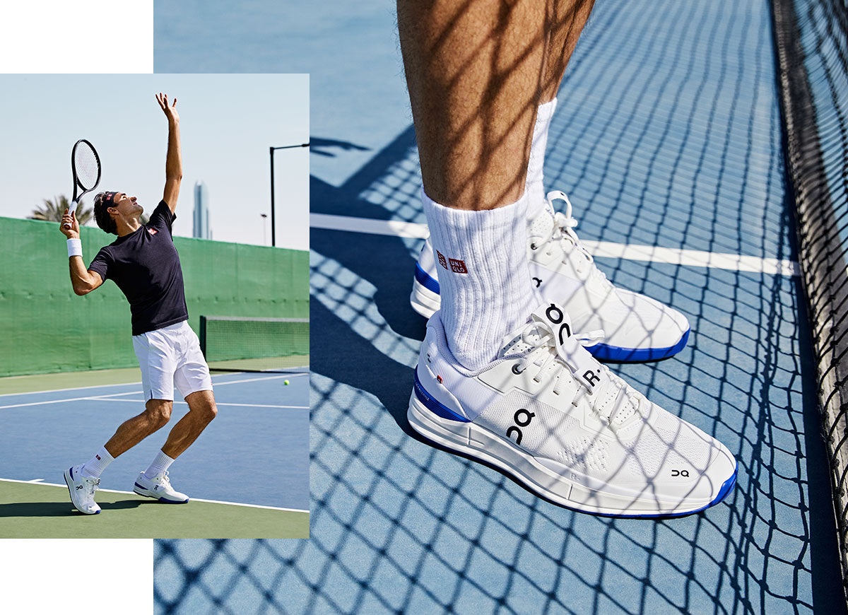 Shot of Roger Federer serving in the On Roger Pro tennis shoes and a closeup the On Roger Pro tennis shoes being worn on the tennis court under the shadow of the net