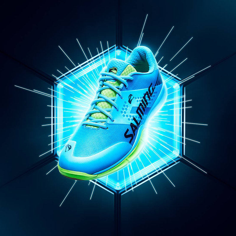 Close-up of men's Salming blue and lime green squash shoe on black and aqua blue glowing background