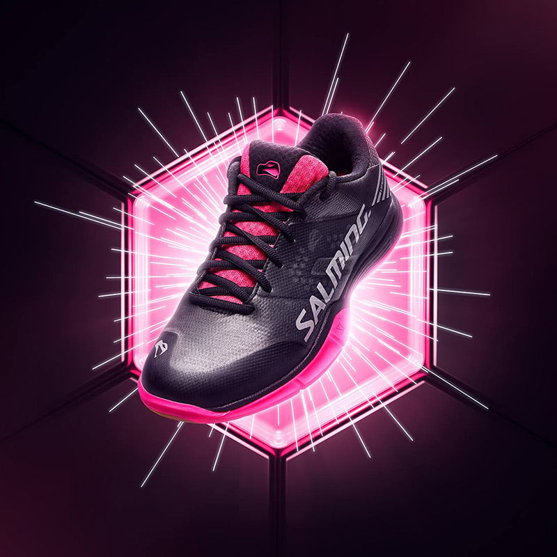 Close-up of women's Salming black and hot pink squash shoe on black and hot pink glowing background