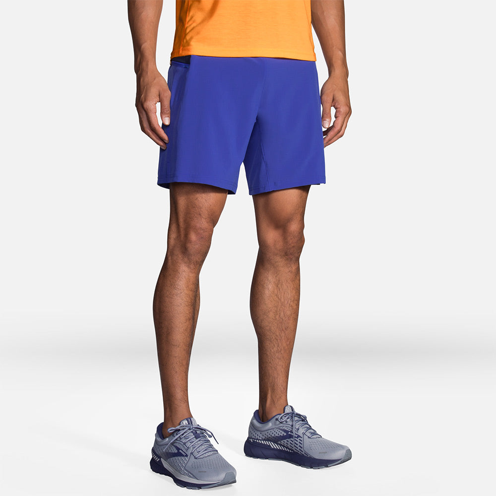 Brooks Sherpa 7"" 2-in-1 Shorts Men's Running Apparel Amparo Blue/Navy/Fluoro Orange, Size Medium