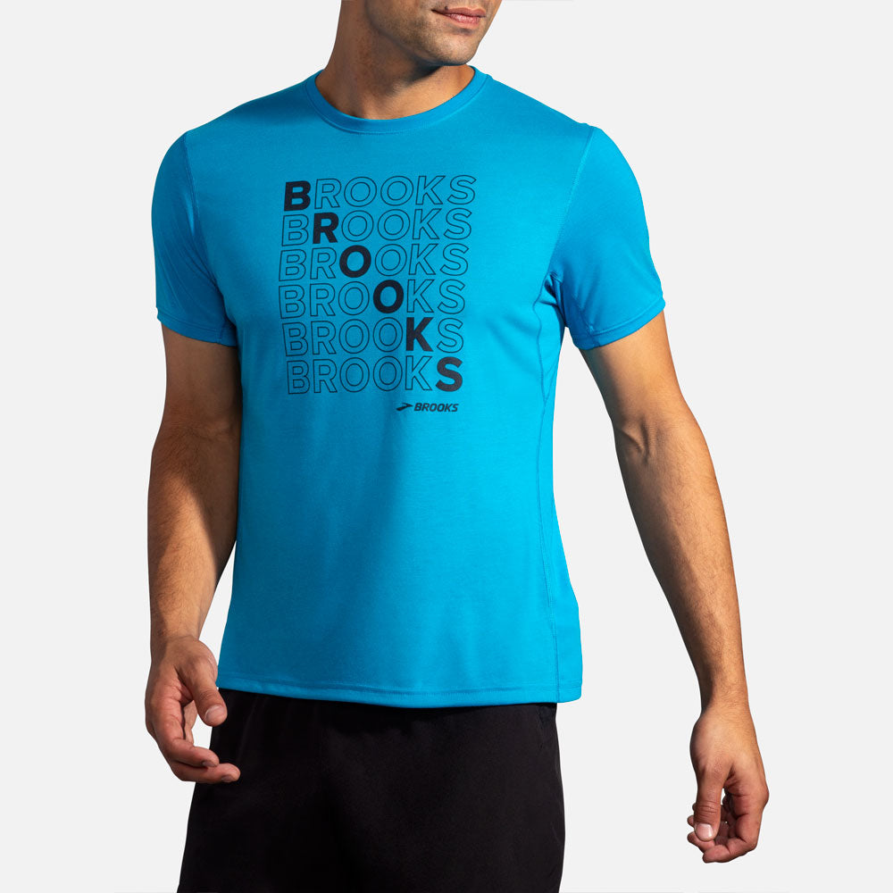 Brooks Distance Graphic Short Sleeve Men's Running Apparel Electric Blue/Brooks Repeat, Size Medium