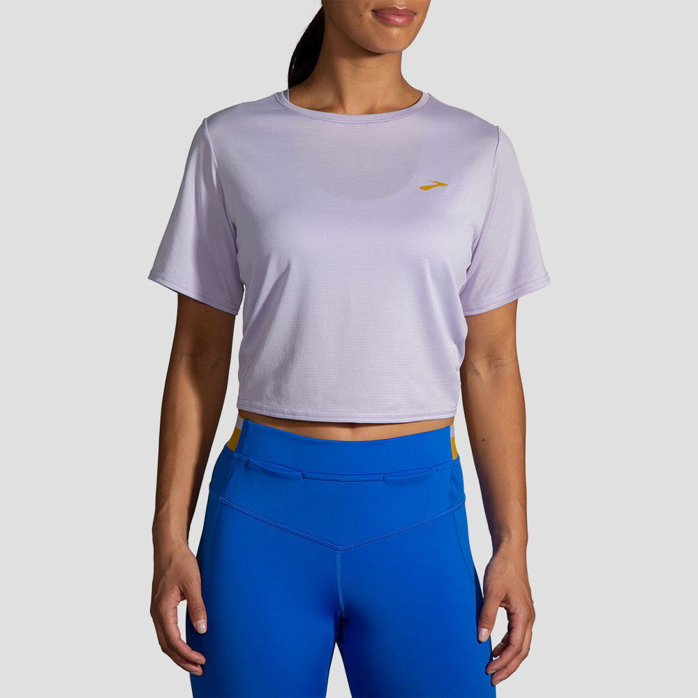 Brooks Run Within Crop Tee Women's Running Apparel Violet Dash Stripe, Size XXL