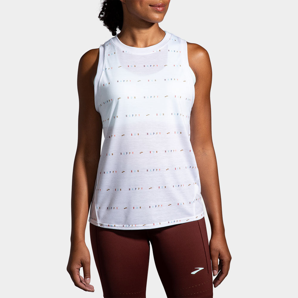 Brooks Distance Graphic Tank Spring 2022 Women's Running Apparel White/Run Happy Print, Size XS