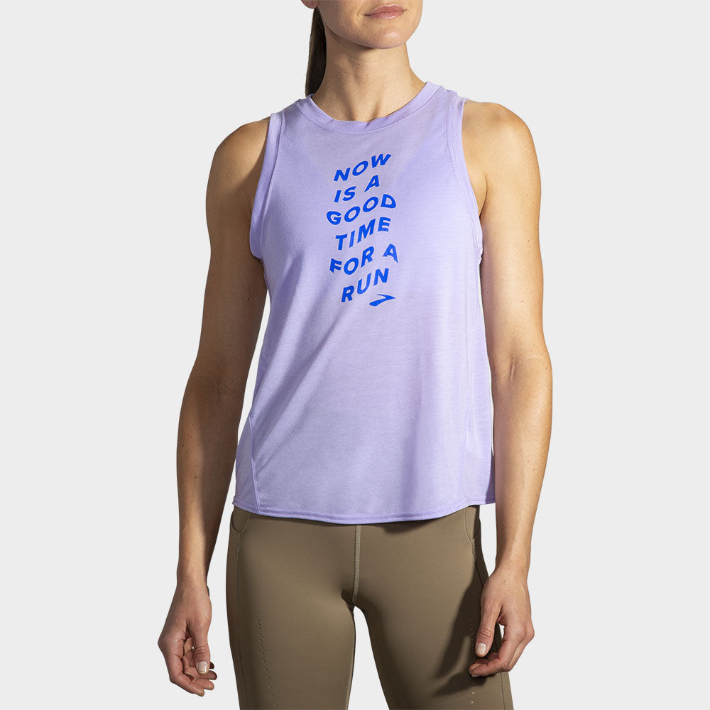 Brooks Distance Graphic Tank Spring 2022 Women's Running Apparel Heather Violet Dash/Run Wave, Size Small