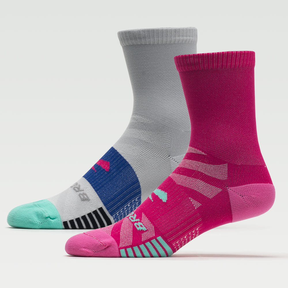 Brooks Ghost Lite Crew Sock 2-Pack Socks Pink/Salt & Light Grey/Blue, Size Medium