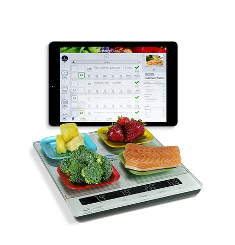 smart diet scale with food on it, displayed with app on tablet
