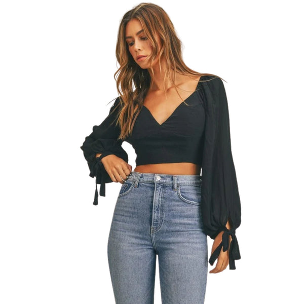 Black Long Sleeve Crop Top with Open Back | 8LACK Clothing