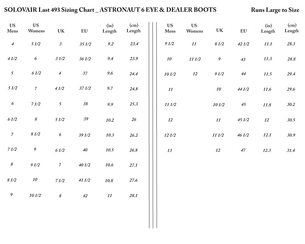 Solovair Dealer boot sizing chart