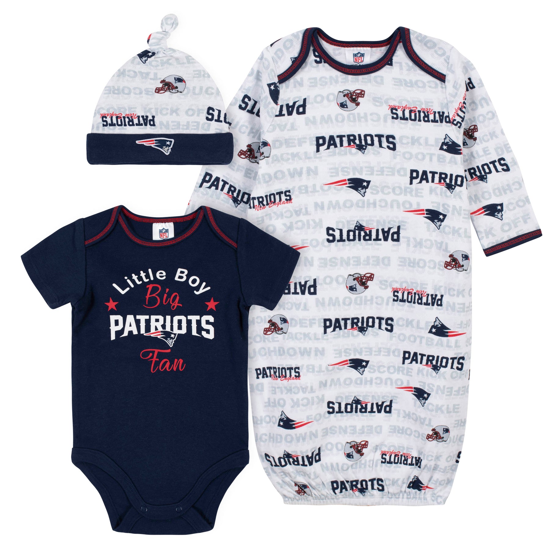Patriots Baby Boy Bodysuit, Gown \u0026 Cap 