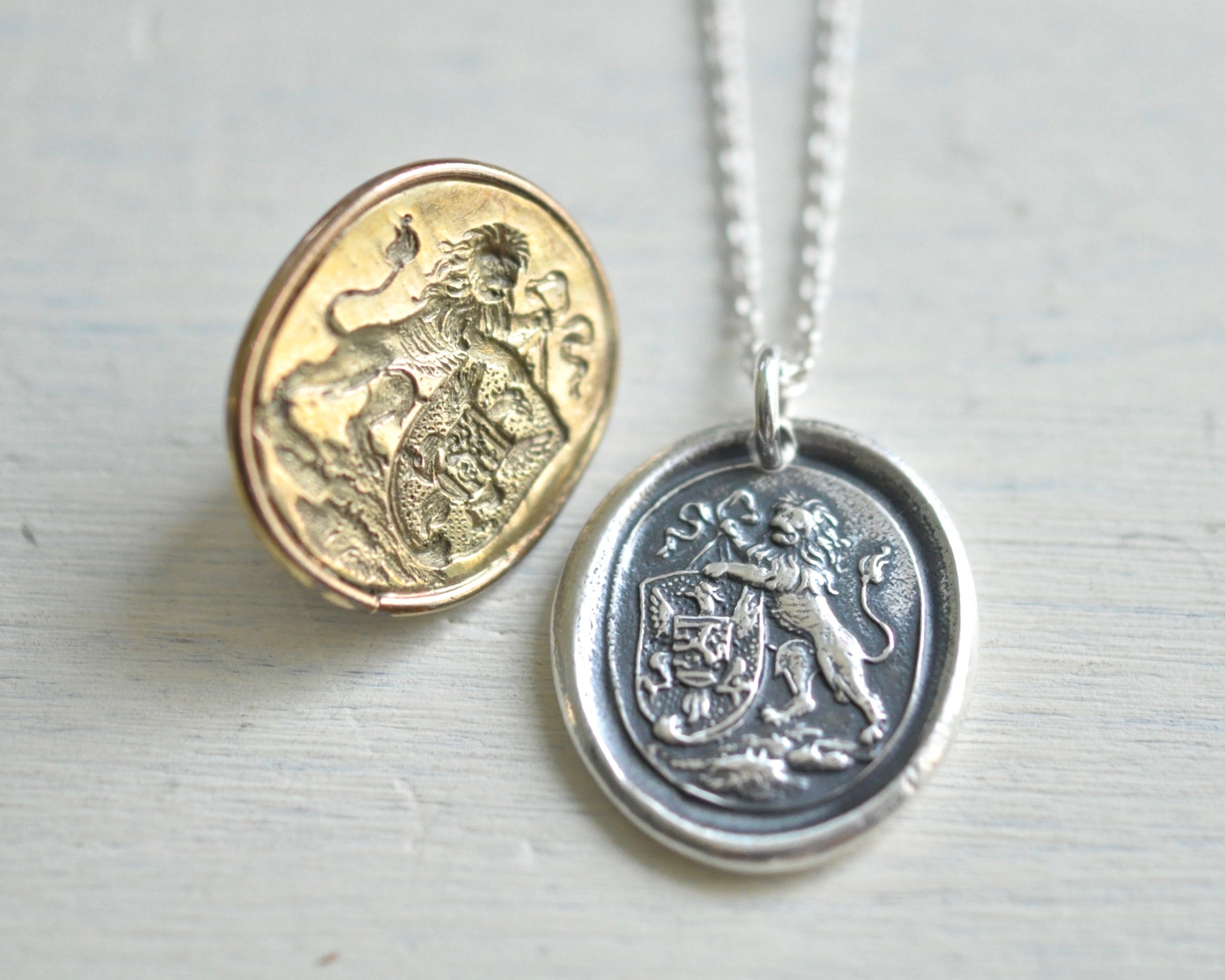 lion holding shield wax seal necklace - wax seal jewelry | suegray jewelry