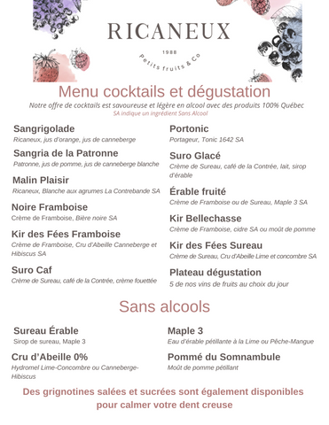 Menus des cocktails offerts au Ricaneux