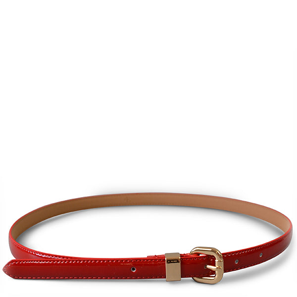 Queens Park - Womens Red Skinny Patent Leather Belt with gold buckle