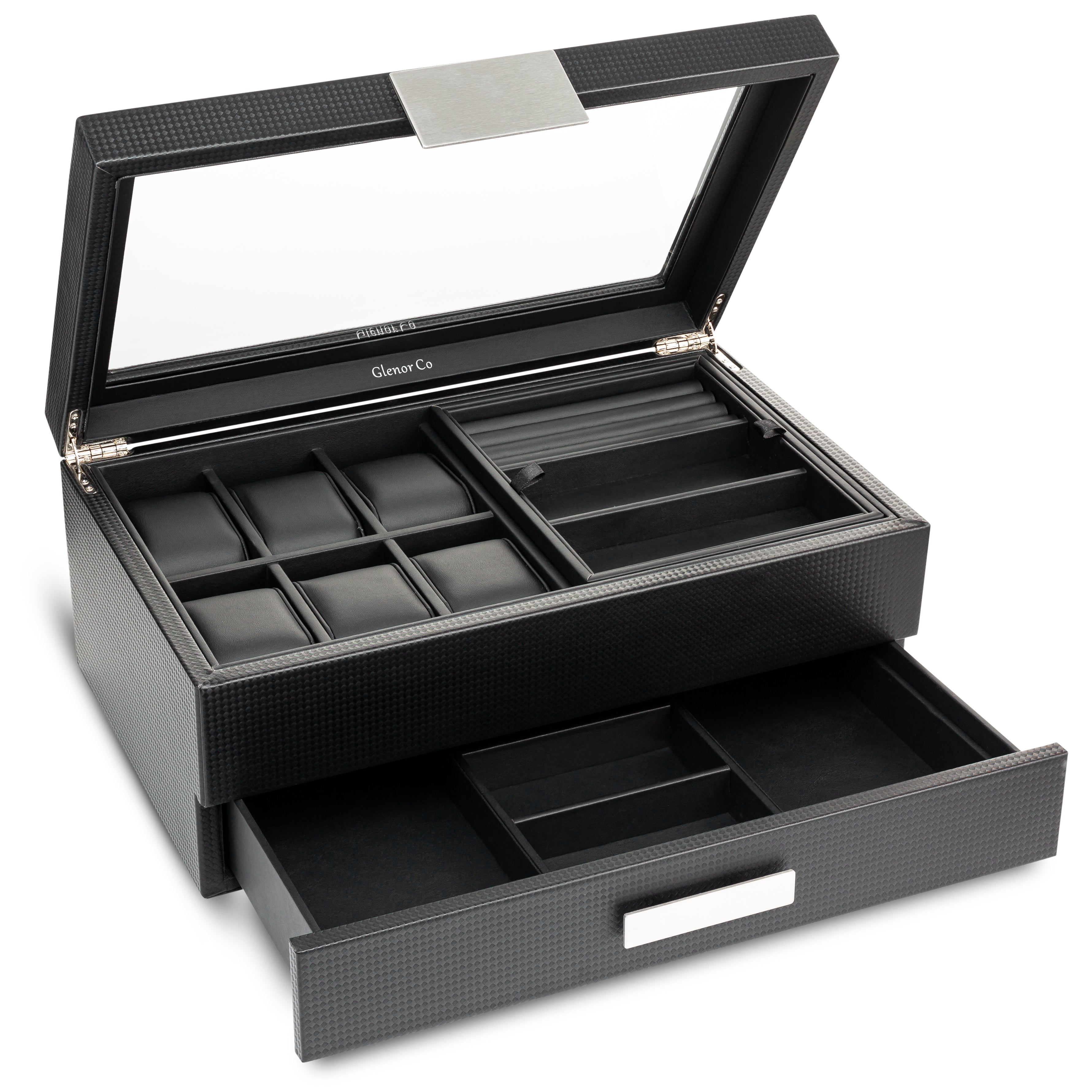 Glenor Co Valet Jewelry Box for Men - Holds 6 Watches, 12 Cufflinks, 2 Sunglasses & Tray Storage - Mens Watch Case - Carbonfiber, Carbon