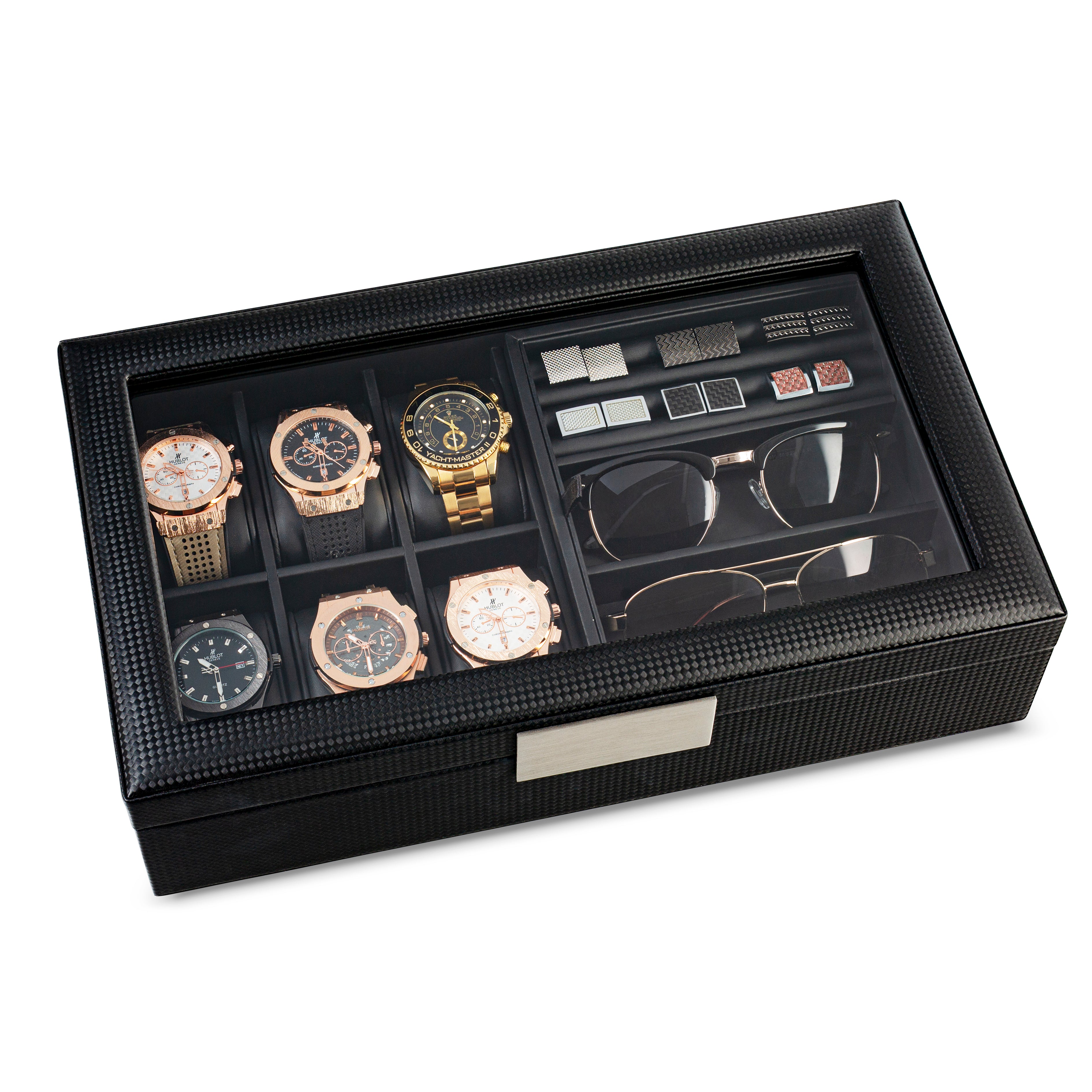 Glenor Co Valet Jewelry Watch Box for Men - Carbon Fiber Texture Organizer  with Glass Top, Drawer & …See more Glenor Co Valet Jewelry Watch Box for