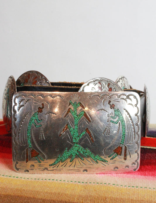 Vintage Bass Belt Buckle Silver Turquoise Coral Fishing
