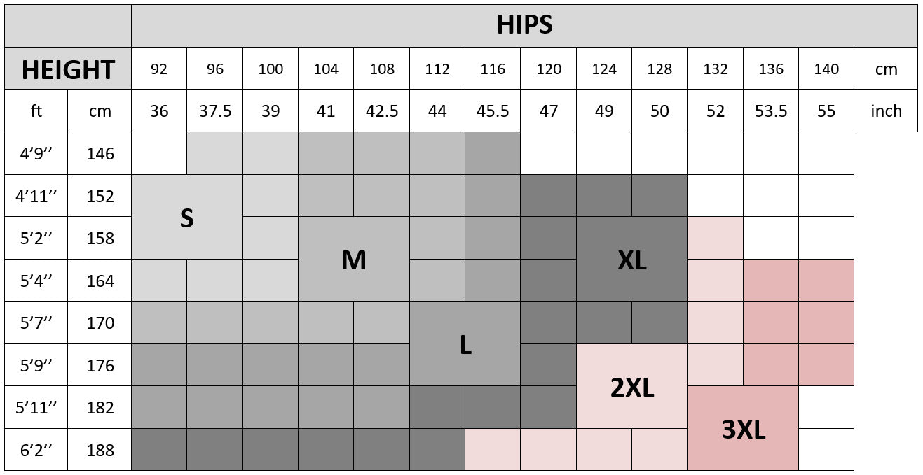 Giulia tights size chart S to 3XL