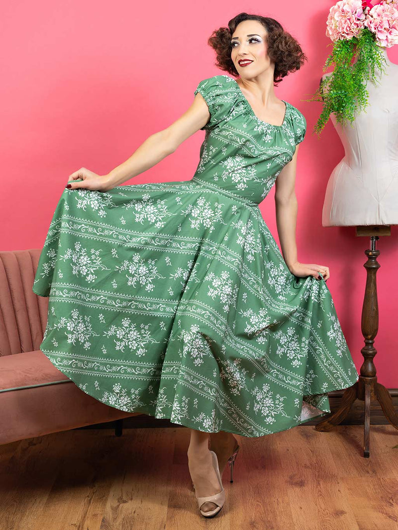 1950s Green Milkmaid Dress with True Vintage Print - What Katie Did