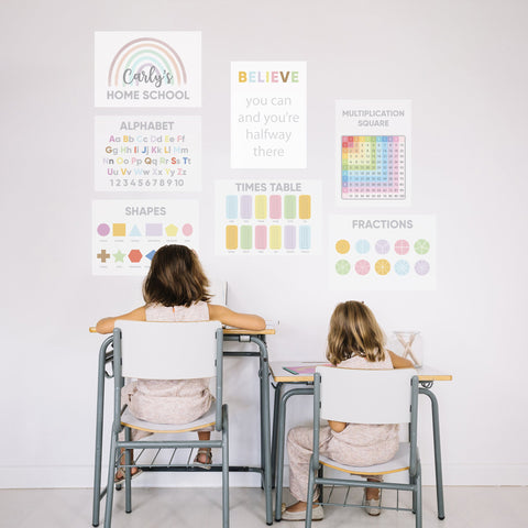 Two girls sit at traditional school desks with their backs to us, working at their homeschool with homeschooling posters stuck on the wall above them.