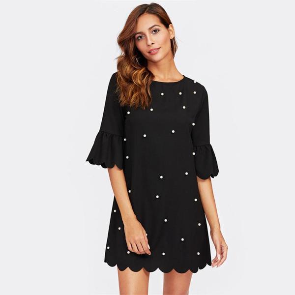 Women's Black Long Sleeve Pearl Beaded Scalloped Design Dress